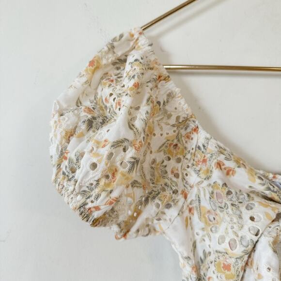 En Saison Yellow Floral Eyelet Tie Front Cut Out Puff Sleeve Smocked Dress S - Picture 6 of 13